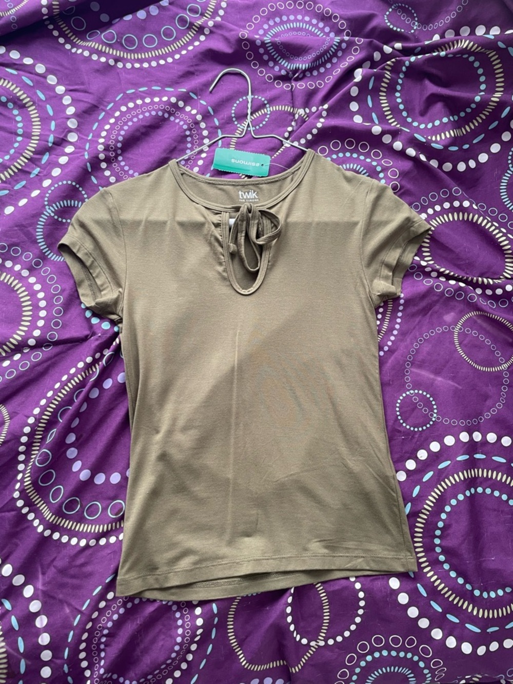 twik Olive Green Tie-Neck Short Sleeve Top